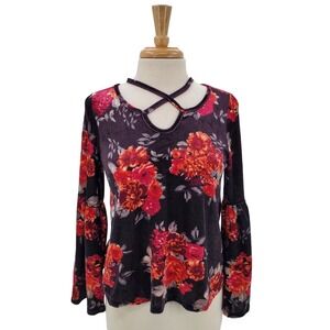 Womens M Velvet Floral‎ Bell Sleeve Top Boho Romantic Crisscross Neck
